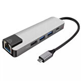 5İN1 USB 3.1 Type C To HDMI 2xusb 3.0 RJ45 Ethernet Dönüştürücü Adaptör (Gri)