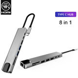 8 Port Usb 8in1 3.0 Type-C Hdmi 3XUSB+2 PD RJ45 Hub Adaptör Çoklayıcı TF SD Kart (Gri)