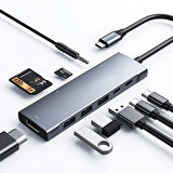 9 İn1 Type C 4k 30hz Hdmi Usb 3.0,Sd,PD Hub Adaptör Dönüştürücü (Gri)