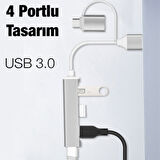 A-806 4in1 Type-C + USB Girişli USB 3.0 Çoğaltıcı Hub Adaptör Çevirici (Gri)