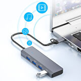 ADS-305D 4in1 USB-Type-C to 4X USB3.0 HUB Çoğaltıcı Çevirici Dönüştürücü Adaptör (Gri)