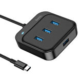 Hoco HB31 4in1 Type-C to 4x USB3.0 HUB Çevirici Dönüştürücü Adaptör 0.2m (Siyah)