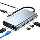 7in1 USB 3.0 + HDMI + RJ45 + Type-C HUB Adaptör Çevirici Dock Station (Füme)