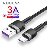 KUULAA Mikro Usb 3A Hızlı Şarj 0.50CM kısa Android Mikro Usb Şarj Kablosu (Siyah-Gri)