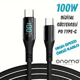 100W Type-C Dijital Göstergeli Şarj ve Veri Kablosu, Örgülü, 1.2 Metre, Siyah
