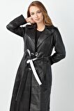 Rita Hakiki Deri Kadın Pardösü Siyah