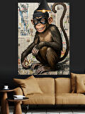 Gazete Fon Maskeli Maymun Dekoratif Kanvas - Mdf Ahşap Tablo