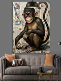 Gazete Fon Maskeli Maymun Dekoratif Kanvas - Mdf Ahşap Tablo