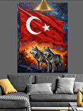 Türk Bayrağı Ve Bozkurt Figürü Dekoratif Kanvas - Mdf Ahşap Tablo