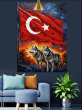 Türk Bayrağı Ve Bozkurt Figürü Dekoratif Kanvas - Mdf Ahşap Tablo