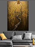 Altın Tonlarda Işıltılı Soyut Ağaç Dekoratif Kanvas - Mdf Ahşap Tablo