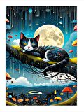 Dolunay Ve Sevimli Kedi Mdf poster 18cm X 27cm