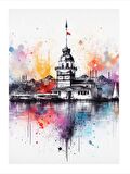 Sulu Boya İstanbul Galata Kulesi Model Ahşap Tablo 50cmX 70cm
