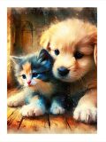 Yavru Köpek Ve Kedi Dekoratif ahşap Tablo 18cm X 27cm