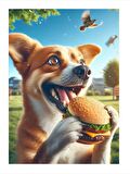 Hamburger Yiyen Köpek Hediyelik Mdf Tablo 50cmX 70cm
