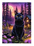 Siyah Kedi Ve Çiçekler Art Mdf Poster 18cm X 27cm