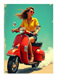 Kırmızı Vespa Sürüşü Modern Mdf Tablo