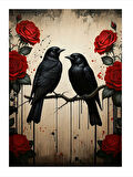 Kırmızı Güller Ve Siyah Kuşlar Desenli Mdf Tablo