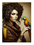 Papağanlı Kadın Portresi Art Mdf Poster
