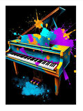Renk Patlamasıyla Piyano Çizimi Model Ahşap Tablo