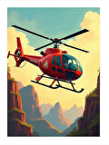 Kırmızı Helikopter Ve Manzara Art Mdf Poster