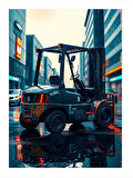 Modern Şehirde İş Makinesi Tasarım Ahşap Tablo
