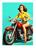 Kırmızı Motosiklet Süren Retro Kadın Desenli Ahşap Tablo