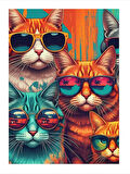 Renkli Gözlüklü Kediler Art Mdf Poster