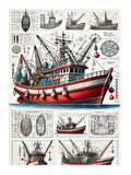 Teknik Çizimle Balıkçı Gemisi Mdf poster