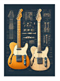 Müzikal Gitar Çizimleri Modern Ahşap Tablo