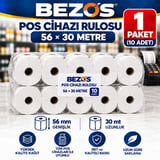 Bezos Termal POS Cihazı Rulosu 56 mm x 30 m - 10 Adet (1 Paket) Yazar Kasa Slip Rulosu DMC