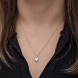 925 Ayar Gümüş Rose Beyaz Taşlı Kalpli Kadın Kolye