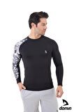 Erkek Uzun Kol Siyah Tek Kol Beyaz Desenli Compression Fitness Body Gym Body Spor Tshirt