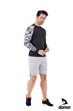 Erkek Uzun Kol Siyah Tek Kol Beyaz Desenli Compression Fitness Body Gym Body Spor Tshirt