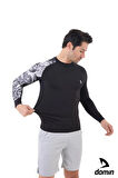 Erkek Uzun Kol Siyah Tek Kol Beyaz Desenli Compression Fitness Body Gym Body Spor Tshirt