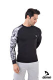 Erkek Uzun Kol Siyah Tek Kol Beyaz Desenli Compression Fitness Body Gym Body Spor Tshirt