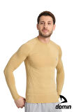  Erkek Uzun Kol Gold Bej Likralı Fit Compression Spor Body Tshirt