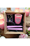 Hediye Seti-Kokulu Pembe Bardak Mum-Yaşam Agacı Kolye+Burgulu Mum