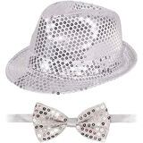 Gümüş Payetli Şapka ve Papyon Seti - Parıltılı Yetişkin Kostüm Seti