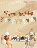 Karamel Happy Birthday Kaligrafi Banner ve Desenli Flama Set