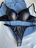 Kadın Siyah Deri Taşlı Fiyonklu Balenli Destekli Dolgulu Push Up Sütyen Takımı Iç Çamaşırı Takımı