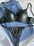 Kadın Haki Deri Taşlı Fiyonklu Balenli Destekli Dolgulu Push Up Sütyen Takımı Iç Çamaşırı Takımı