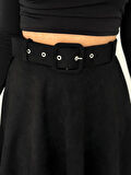 Kadın Siyah Renk Midi Boy Kemerli Süet Kloş Etek