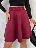 Kadın Bordo Renk Midi Boy Kemerli Süet Kloş Etek