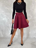 Kadın Bordo Renk Midi Boy Kemerli Süet Kloş Etek