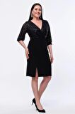 Kadın Siyah Payetli Kruvaze Yaka Yırtmaçlı Büyük Beden Abiye Elbise