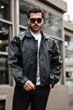 Erkek Siyah Oversize Vintage Deri Ceket