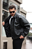 Erkek Siyah Oversize Vintage Deri Ceket