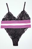 SİYAH PEMBE ÇİZGİLİ LASTİKLİ FULL DANTEL BRALET TAKIM DS20095BRT