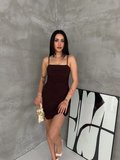 Kadın Askılı Şifon Mini Elbise Drapeli Bel Vücuda Oturan Yazlık Şık - Kahverengi